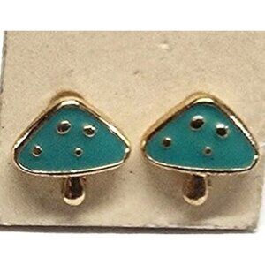 Vintage Tiny Gold-Tone Teal Spotted Mushroom Stud Pierced‎ Earrings Blue Enamel
